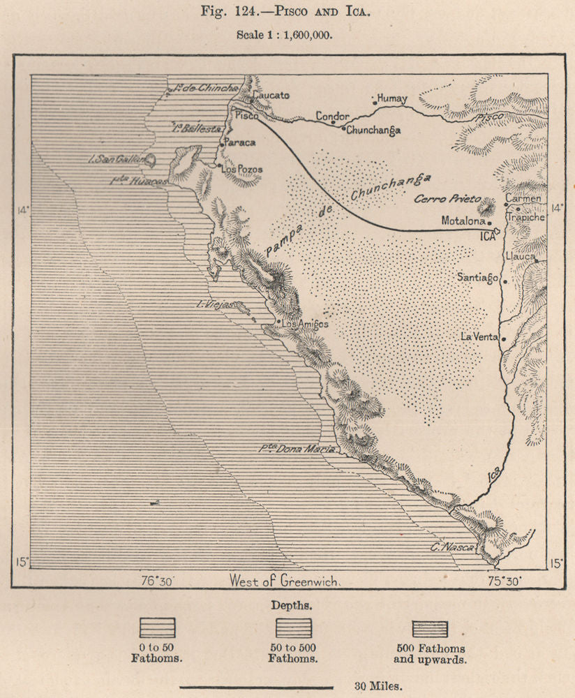 Pisco and Ica. Peru 1885 old antique vintage map plan chart